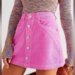 FREE PEOPLE Ray Cord Mini Skirt Sz 8 Barbie Pink Button Up Cotton Corduroy Chic